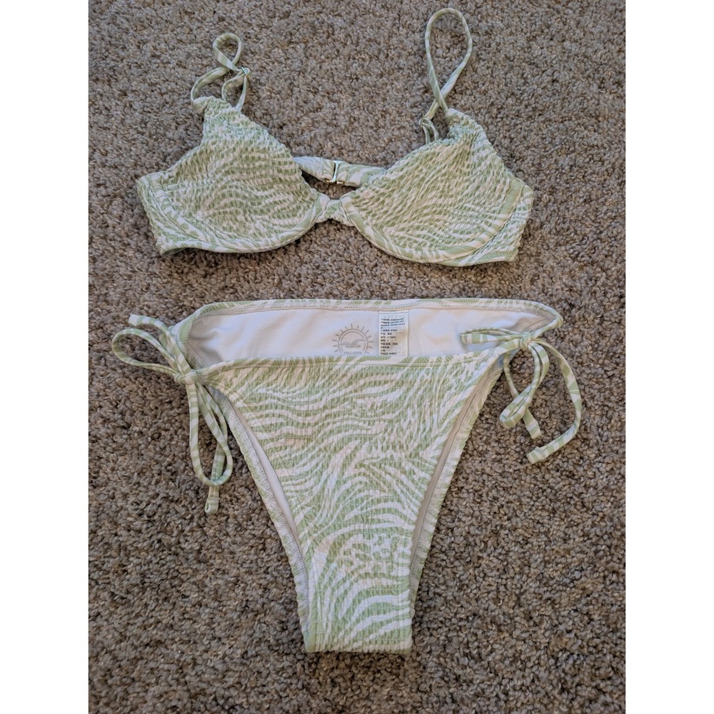 Hollister Green White Zebra Smocked Underwire Bikini Set Side Tie Bottoms Small